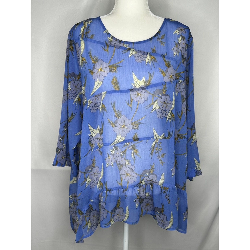 LOGO Lori Goldstein Blue Floral Chiffon Tunic Top Ruffle Hem Sheer Blouse Sz 1X